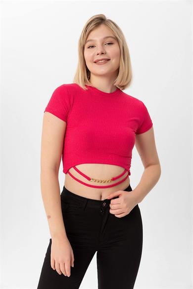 Kadın Altı Zincir Detaylı Kaşkorse Crop Tişört 240040 -
