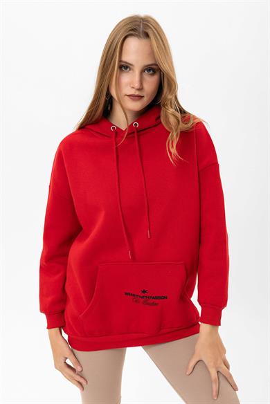Kadın Arkası Baskı Detaylı Kanguru Cepli Kapüşonlu Oversize Sweatshirt