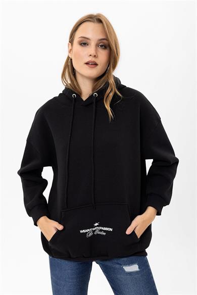 Kadın Arkası Baskı Detaylı Kanguru Cepli Kapüşonlu Oversize Sweatshirt