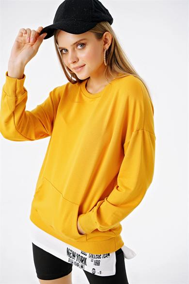 Kadın Arkası Harward Baskılı Çift Görünümlü Kanguru Cepli Oversize Sweatshirt