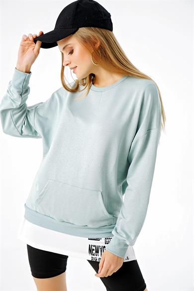 Kadın Arkası Harward Baskılı Çift Görünümlü Kanguru Cepli Oversize Sweatshirt
