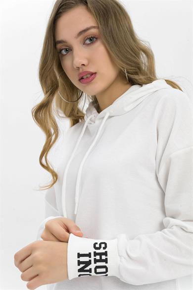 Kadın Arkası Kolu Baskı Detaylı Kapüşonlu Oversize Sweatshirt