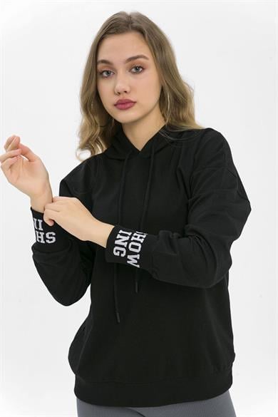 Kadın Arkası Kolu Baskı Detaylı Kapüşonlu Oversize Sweatshirt