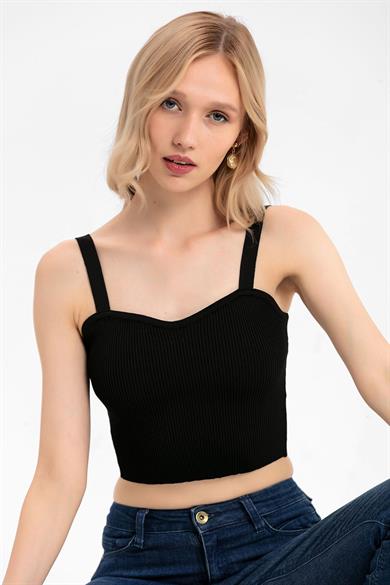 Kadın Askılı Fitilli İnce Örme Triko Bluz