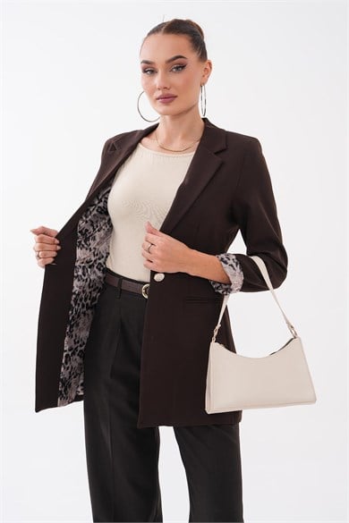 Kadın Astarı Leopar Desenli Tek Düğme Kapamalı Blazer Ceket 260327 - 265324