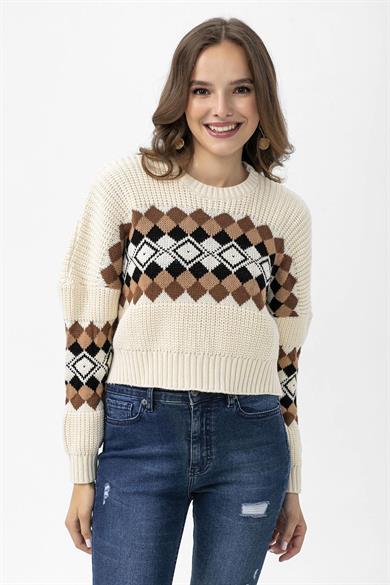 Kadın Baklava Desen Oversize Crop Triko Kazak