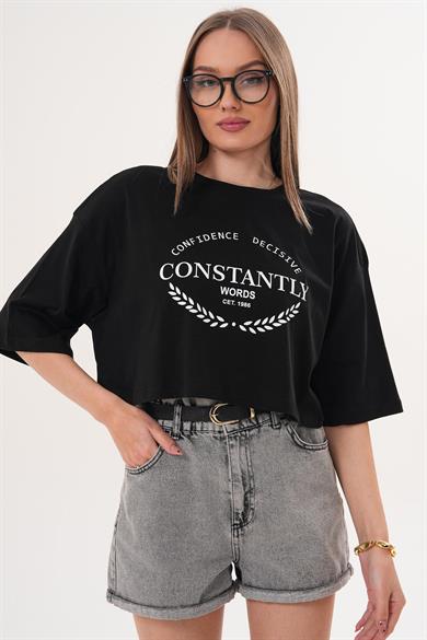 Kadın Baskı Detaylı Bisiklet Yaka Kısa Oversize Tişört - 260131