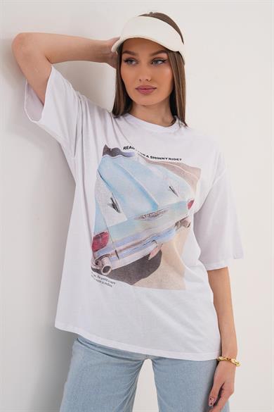 Kadın Baskı Detaylı Bisiklet Yaka Oversize Tişört - 260070
