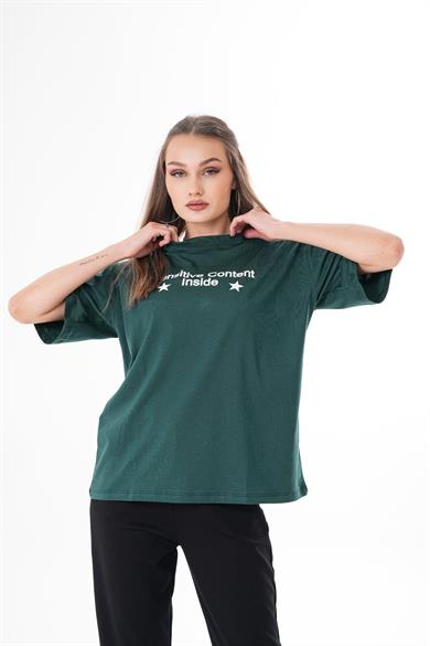 Kadın Baskı Detaylı Bisiklet Yaka Oversize Tişört 250100 -