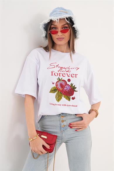 Kadın Baskı Detaylı Bisiklet Yaka Oversize Tişört - 260062