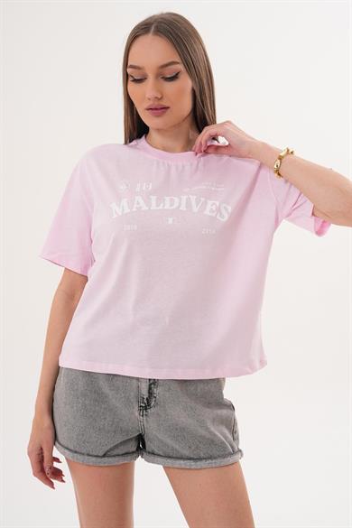 Kadın Baskı Detaylı Bisiklet Yaka Oversize Tişört - 260059