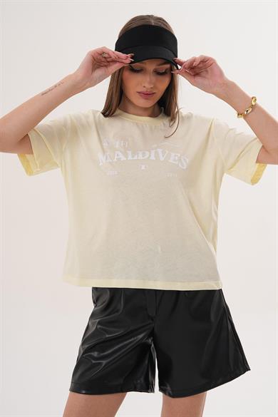 Kadın Baskı Detaylı Bisiklet Yaka Oversize Tişört - 260059