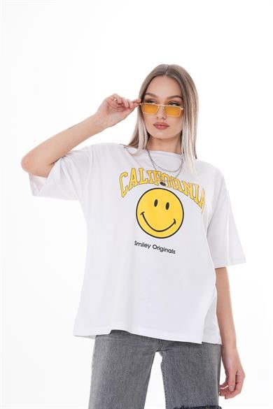 Kadın Baskı Detaylı Bisiklet Yaka Oversize Tişört 250112 -