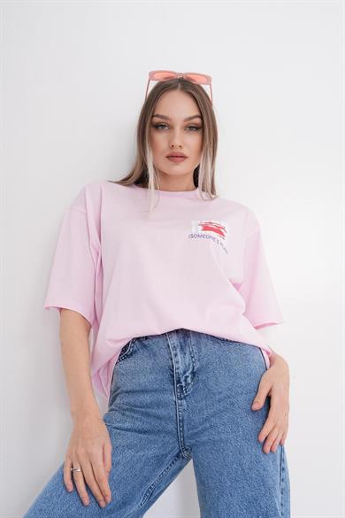 Kadın Baskı Detaylı Bisiklet Yaka Oversize Tişört 260388 -