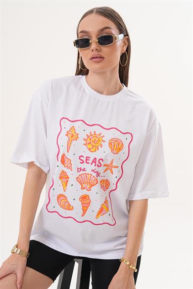 Kadın Baskı Detaylı Bisiklet Yaka Oversize Tişört 260156 -