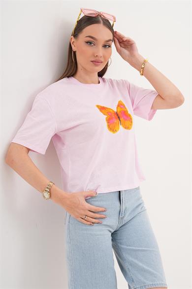 Kadın Baskı Detaylı Bisiklet Yaka Oversize Tişört 260143 -
