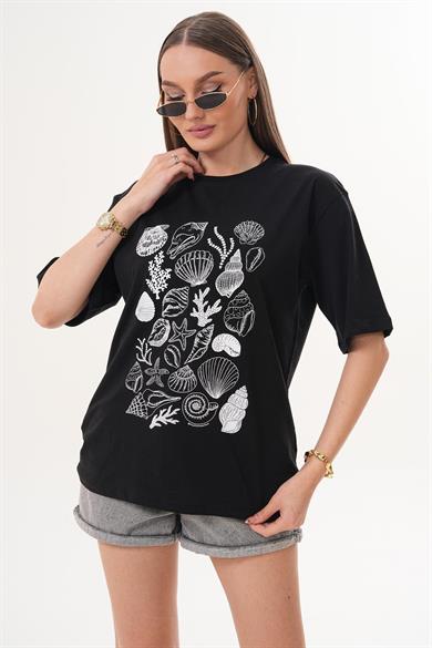 Kadın Baskı Detaylı Bisiklet Yaka Oversize Tişört 260075 -