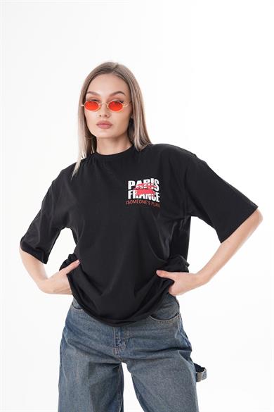 Kadın Baskı Detaylı Bisiklet Yaka Oversize Tişört 260388 -