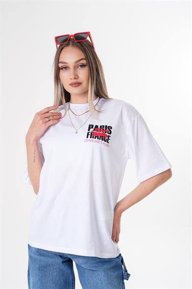 Kadın Baskı Detaylı Bisiklet Yaka Oversize Tişört 260388 -