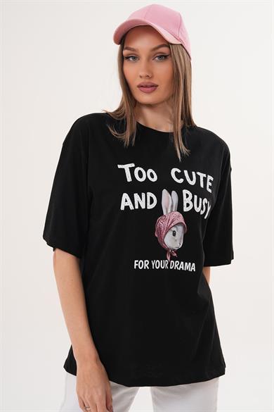 Kadın Baskı Detaylı Bisiklet Yaka Oversize Tişört - 260060