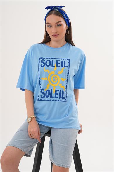 Kadın Baskı Detaylı Bisiklet Yaka Oversize Tişört 260155 -