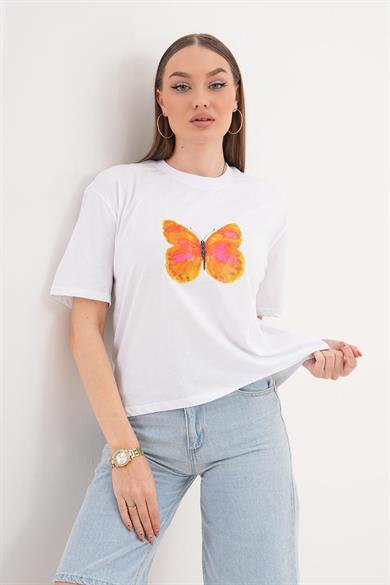 Kadın Baskı Detaylı Bisiklet Yaka Oversize Tişört 260143 -