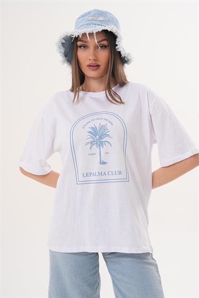 Kadın Baskı Detaylı Bisiklet Yaka Oversize Tişört - 260063