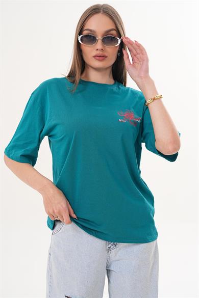 Kadın Baskı Detaylı Bisiklet Yaka Oversize Tişört 260074 -