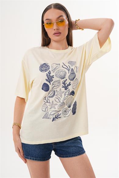 Kadın Baskı Detaylı Bisiklet Yaka Oversize Tişört 260075 -