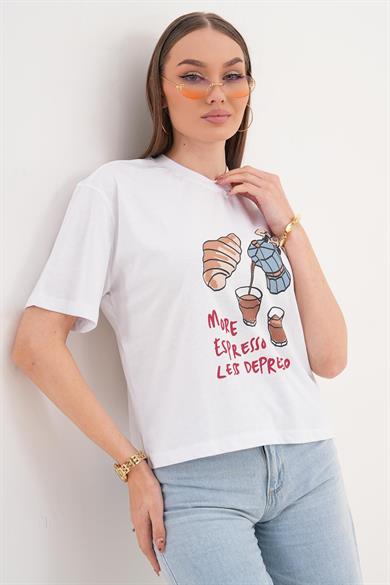 Kadın Baskı Detaylı Bisiklet Yaka Oversize Tişört 260144 -