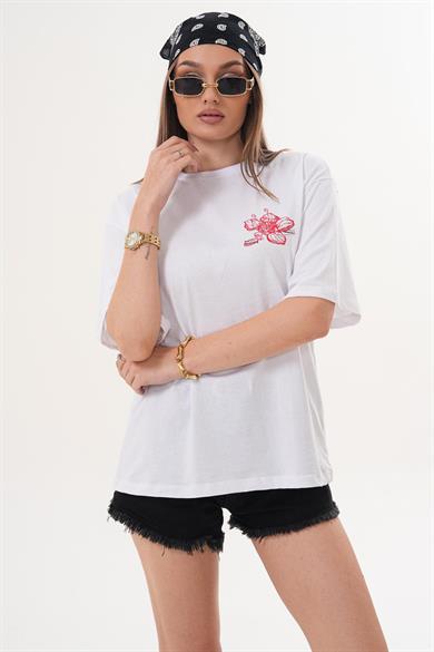 Kadın Baskı Detaylı Bisiklet Yaka Oversize Tişört 260074 -