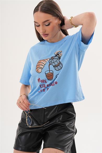 Kadın Baskı Detaylı Bisiklet Yaka Oversize Tişört 260144 -