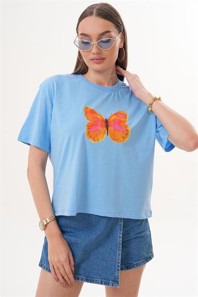 Kadın Baskı Detaylı Bisiklet Yaka Oversize Tişört 260143 -