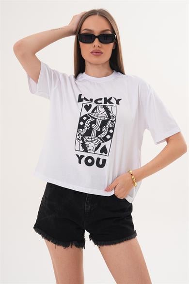Kadın Baskı Detaylı Bisiklet Yaka Oversize Tişört - 260142