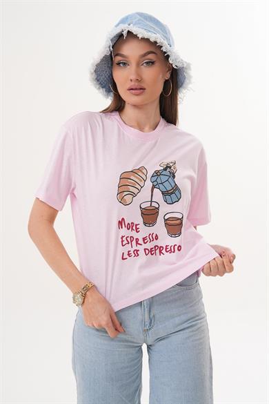 Kadın Baskı Detaylı Bisiklet Yaka Oversize Tişört 260144 -
