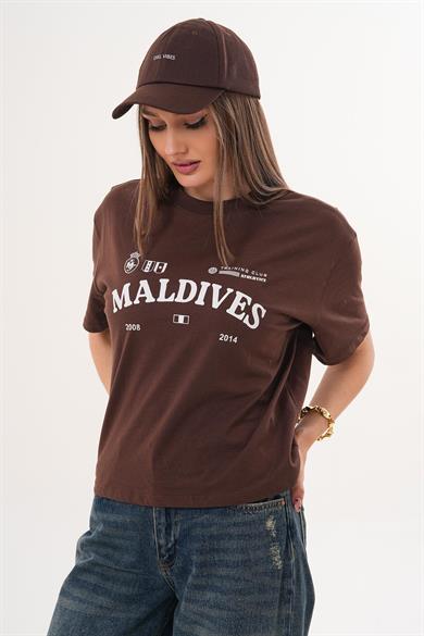 Kadın Baskı Detaylı Bisiklet Yaka Oversize Tişört - 260059