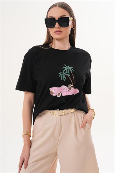 Kadın Baskı Detaylı Bisiklet Yaka Oversize Tişört 260145 -