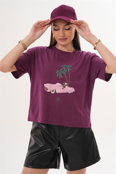 Kadın Baskı Detaylı Bisiklet Yaka Oversize Tişört 260145 -