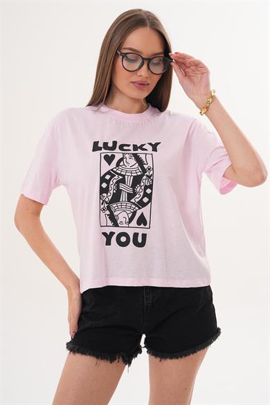 Kadın Baskı Detaylı Bisiklet Yaka Oversize Tişört - 260142