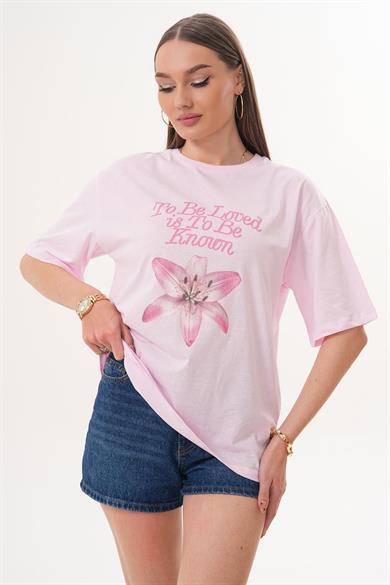 Kadın Baskı Detaylı Bisiklet Yaka Oversize Tişört 260150 -