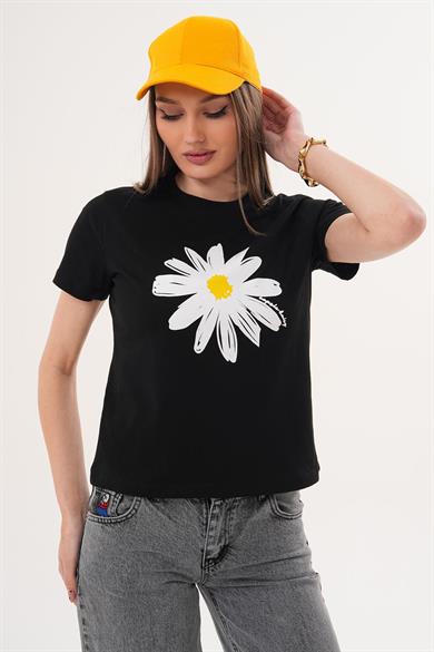 Kadın Baskı Detaylı Bisiklet Yaka Tişört - 260051