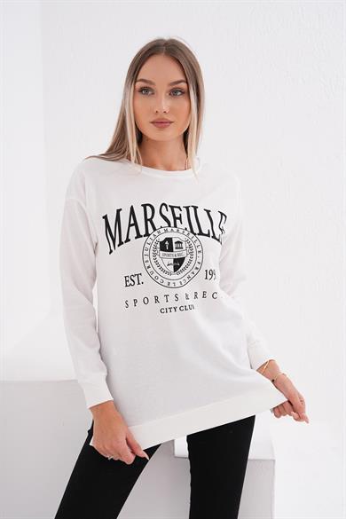Kadın Baskı Detaylı İki İplik Yırtmaç Detaylı Sweatshirt 255034 -