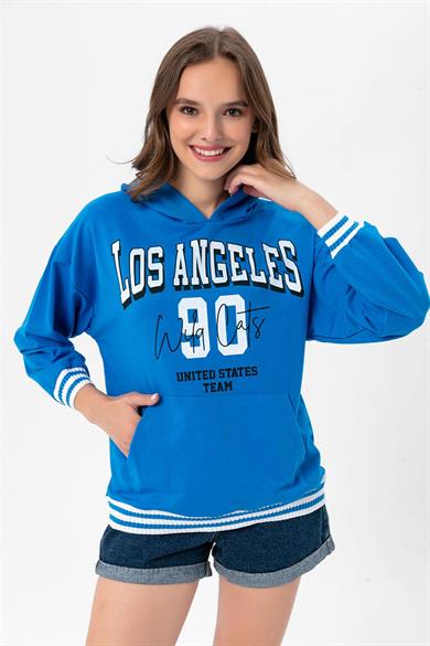 Kadın Baskı Detaylı Kanguru Cepli Kapüşonlu Sweatshirt