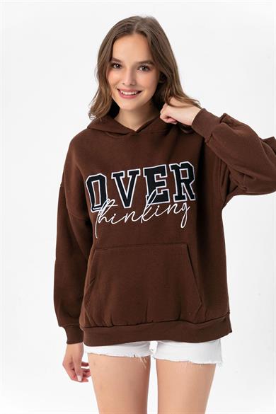 Kadın Baskı Detaylı Kanguru Cepli Kapüşonlu Üç İplik Sweatshirt 235004 -