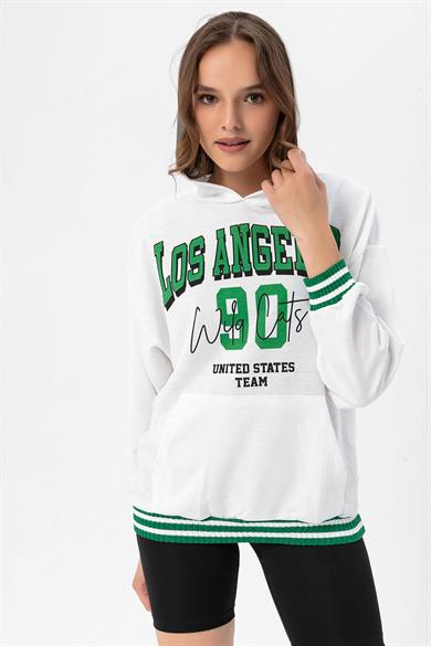 Kadın Baskı Detaylı Kanguru Cepli Kapüşonlu Sweatshirt