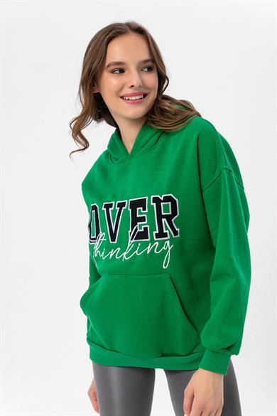 Kadın Baskı Detaylı Kanguru Cepli Kapüşonlu Üç İplik Sweatshirt 235004 -