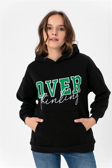Kadın Baskı Detaylı Kanguru Cepli Kapüşonlu Üç İplik Sweatshirt 235004 -