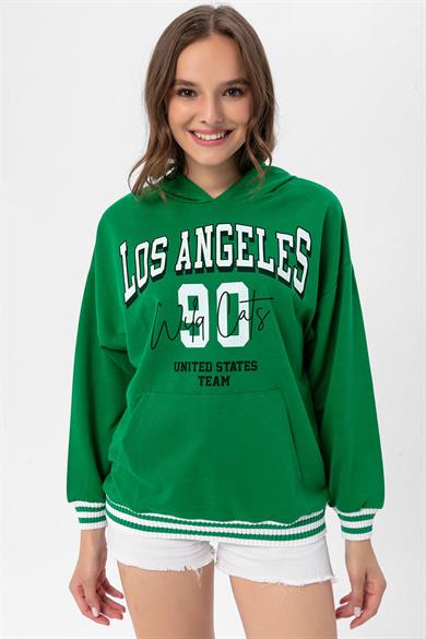 Kadın Baskı Detaylı Kanguru Cepli Kapüşonlu Sweatshirt