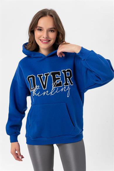 Kadın Baskı Detaylı Kanguru Cepli Kapüşonlu Üç İplik Sweatshirt 235004 -