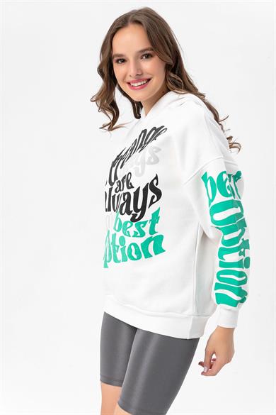 Kadın Baskı Detaylı Kapüşonlu Üç İplik Oversize Sweatshirt 235006 -
